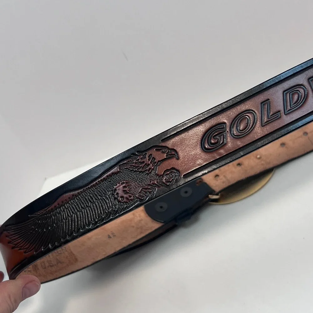 GWRRA 77 Eagle Biker Belt‎ Buckle w/ Gold Wing Embossed Leather Belt USA Made